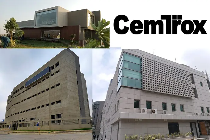 Navigation link of CemTrox fairface concrete coating to describe the product in detail. The link image shows three projects where CemTrox is applied. 