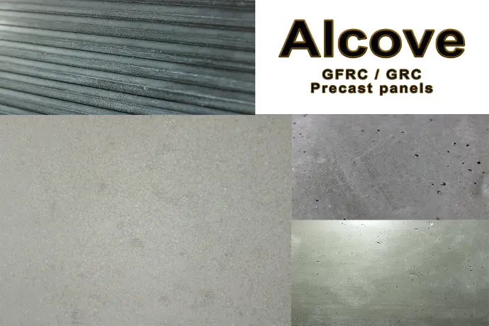 Navigation link of Alcove precast GFRC panels., to describe the product in detail. The link image shows several design and finishes of Alcove panels. 